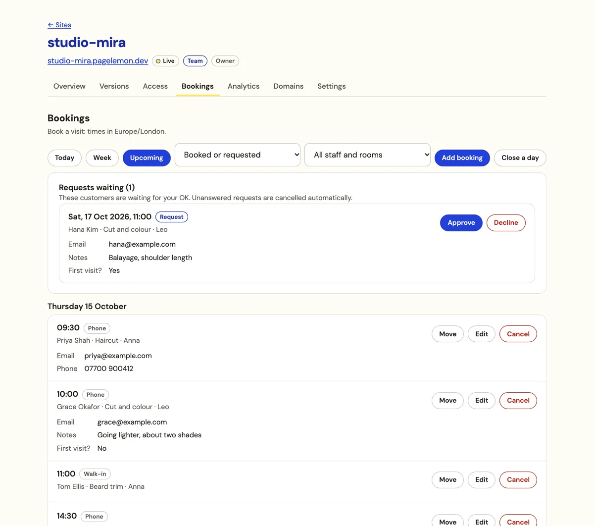 The Page Lemon dashboard showing a salon’s bookings: Today, Week and Upcoming buttons, filters for status and staff, a request waiting with Approve and Decline, and Thursday’s bookings each with Move, Edit and Cancel.