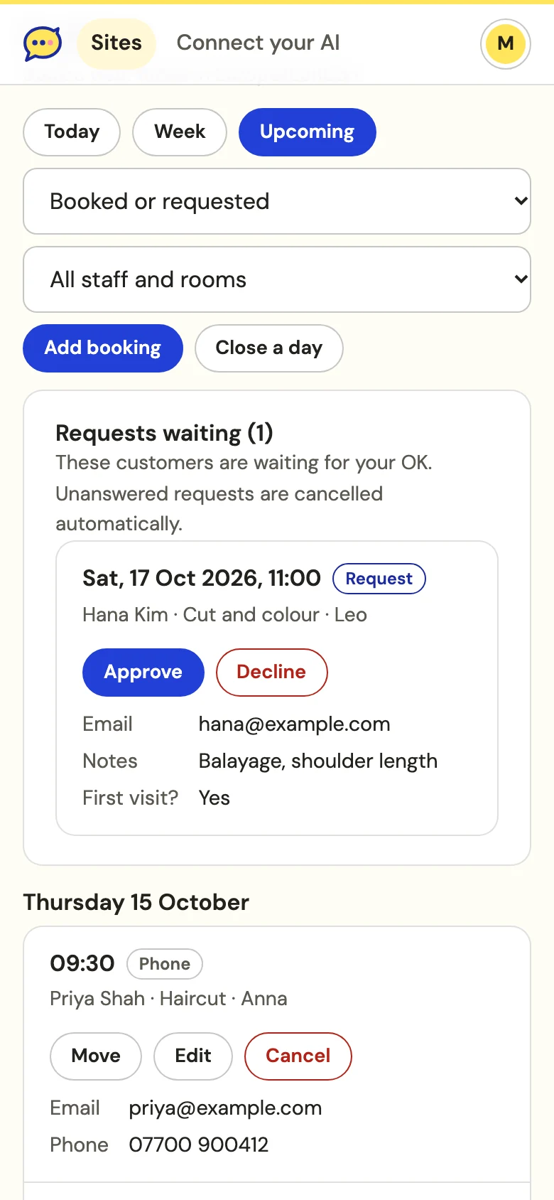 The same bookings view on a phone: filter buttons, a request with Approve and Decline, and Thursday’s first booking.