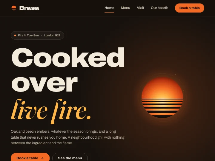 Die Vorlage Brasa: die warme Website eines Grillrestaurants mit offenem Feuer