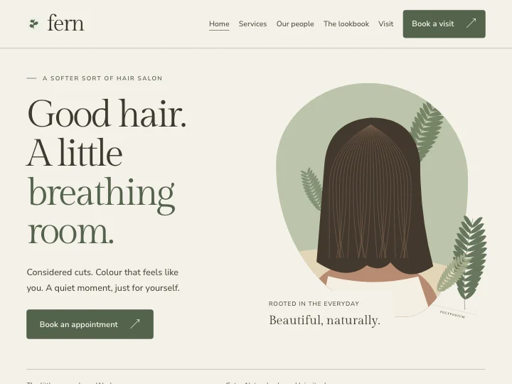 Die Vorlage Fern: die sanfte, natürliche Website eines Friseursalons