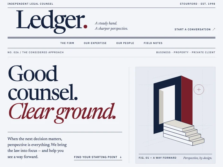 Die Vorlage Ledger: die Website einer Anwaltskanzlei im Stil einer Tageszeitung