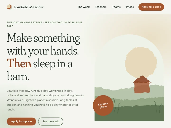 Die Vorlage Meadow: eine ruhige Website für Kurse, mit Lehrkräften, Räumen und Preisen