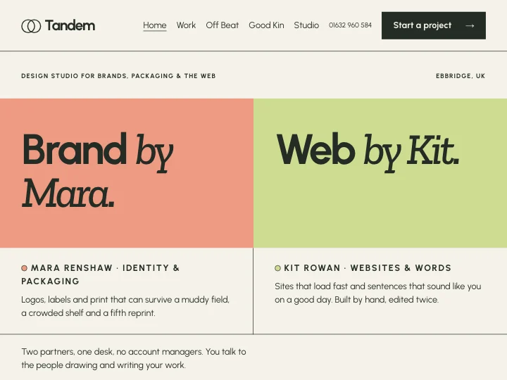Die Vorlage Tandem: die Website eines Zwei-Personen-Studios mit geteilten Identitäten